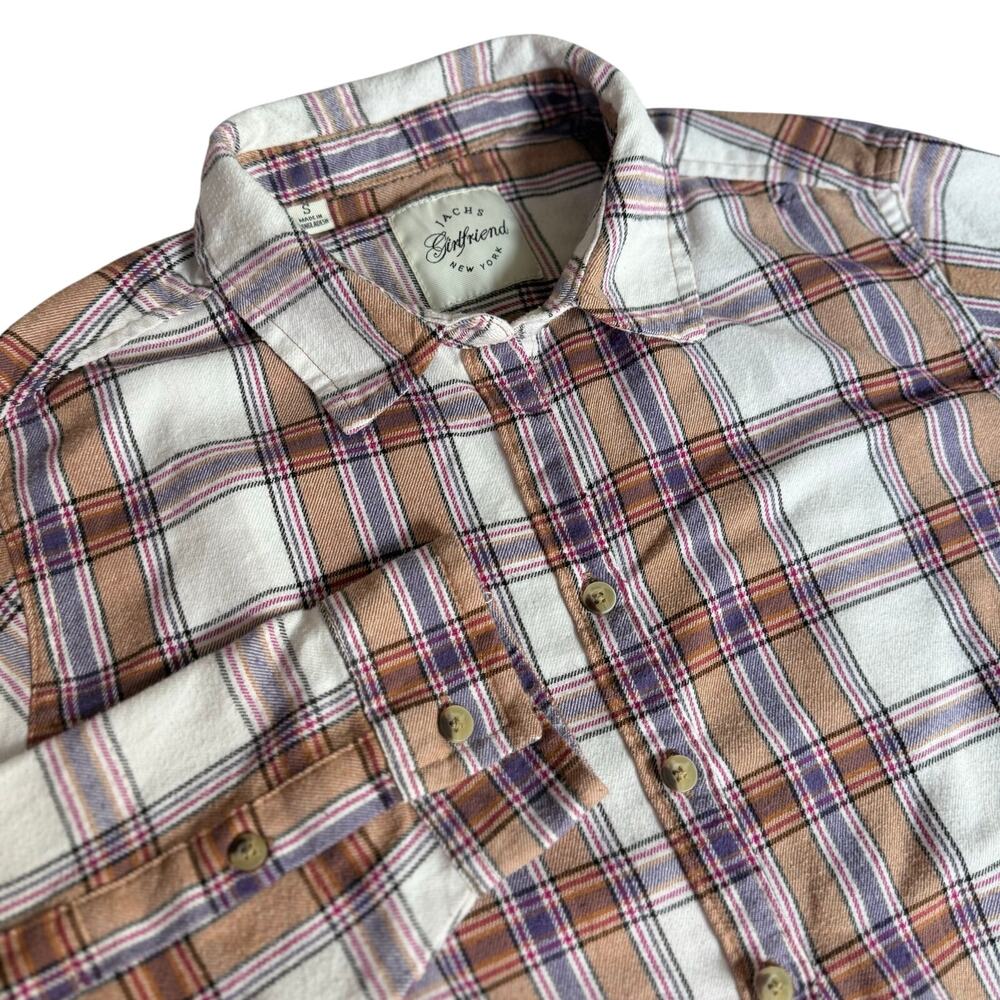 JACHS GIRLFRIEND NEW YORK WOMEN SMALL PLAID WESTERN BUTTON DOWN SHIRT BROWN BLUE